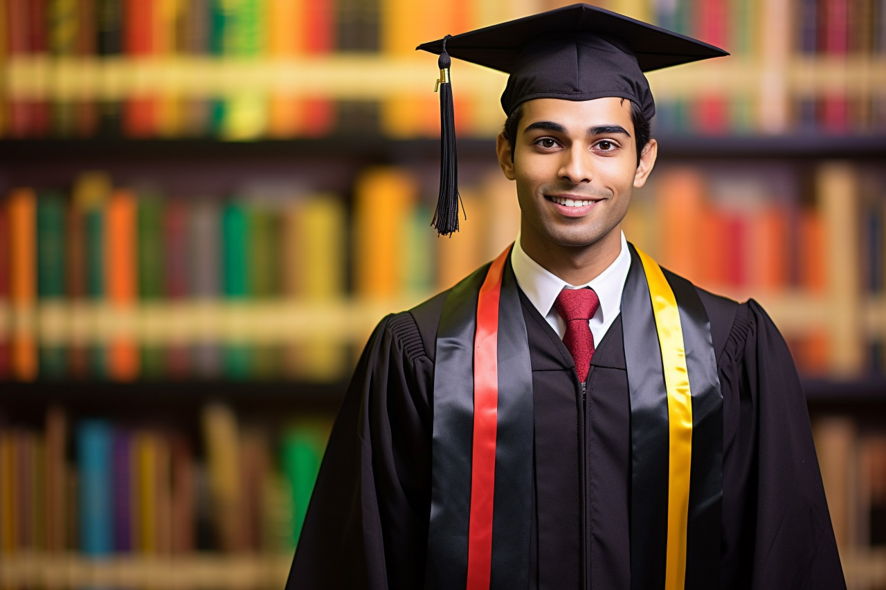Confident indian male student working on blurred background