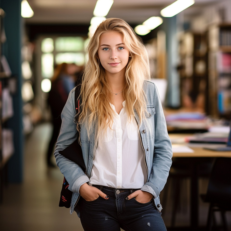 College student working on blurred background