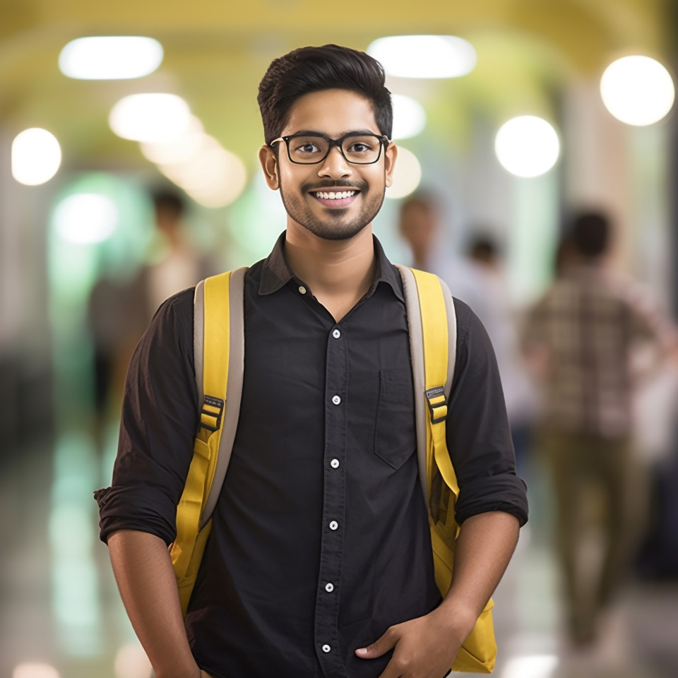 Indian male college student studying on blurred background