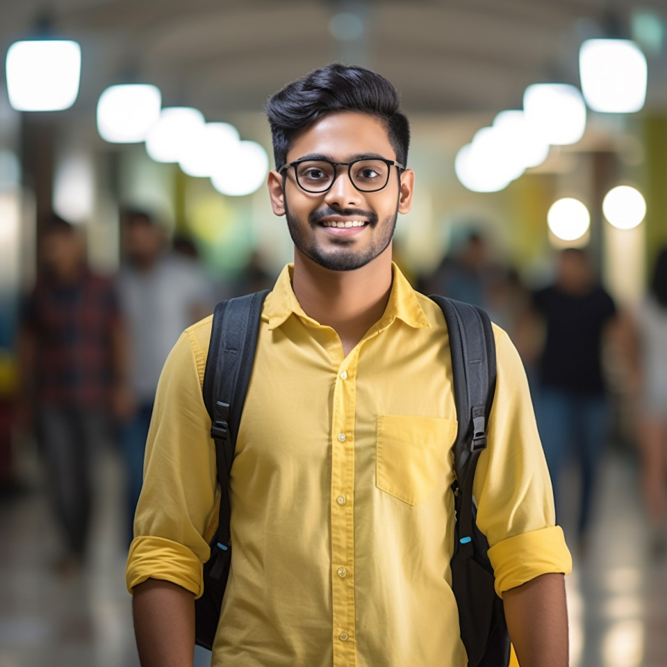 Indian male college student studying on blurred background