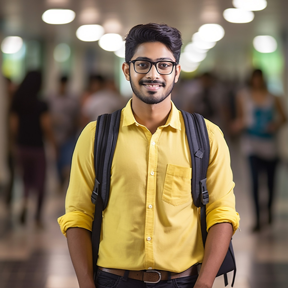 Indian male college student studying on blurred background