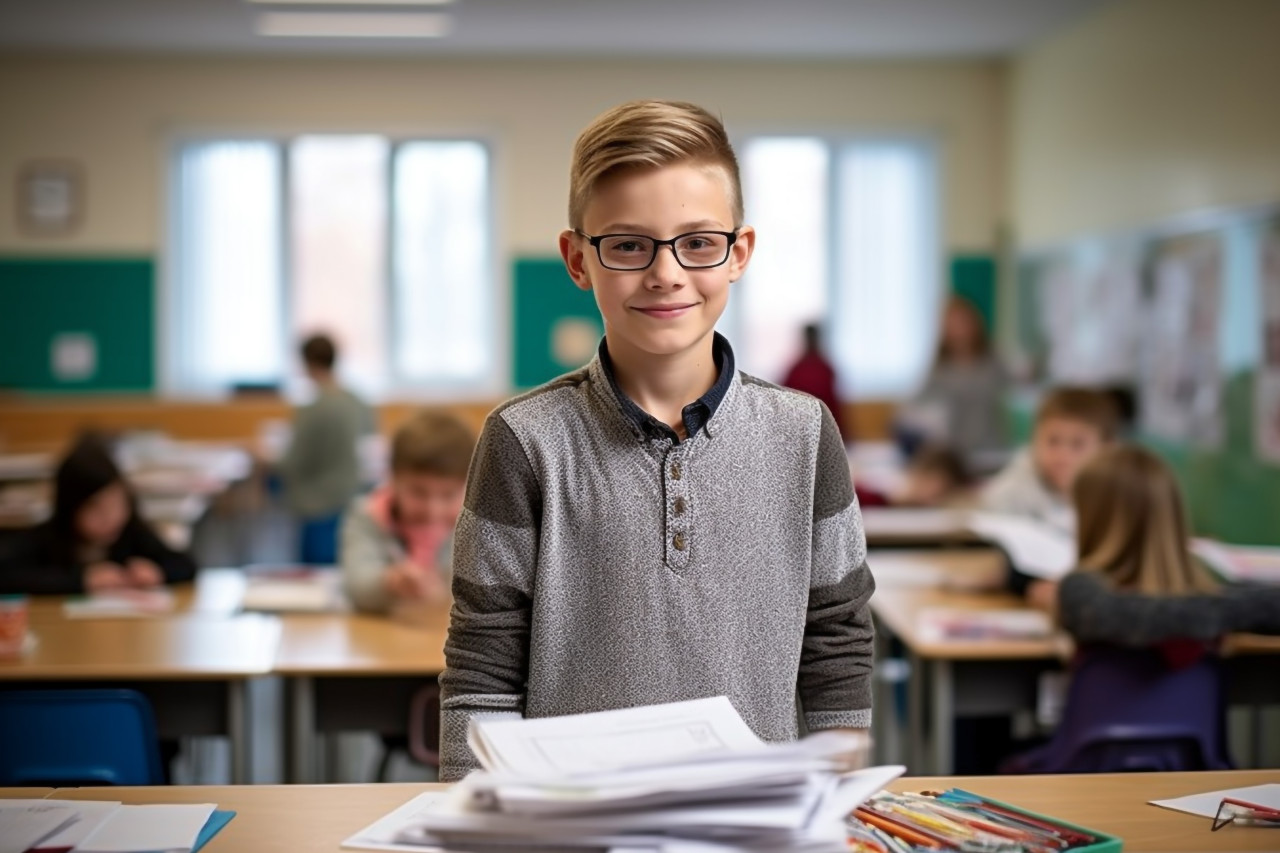 Confident elementary school boy working on blurred background