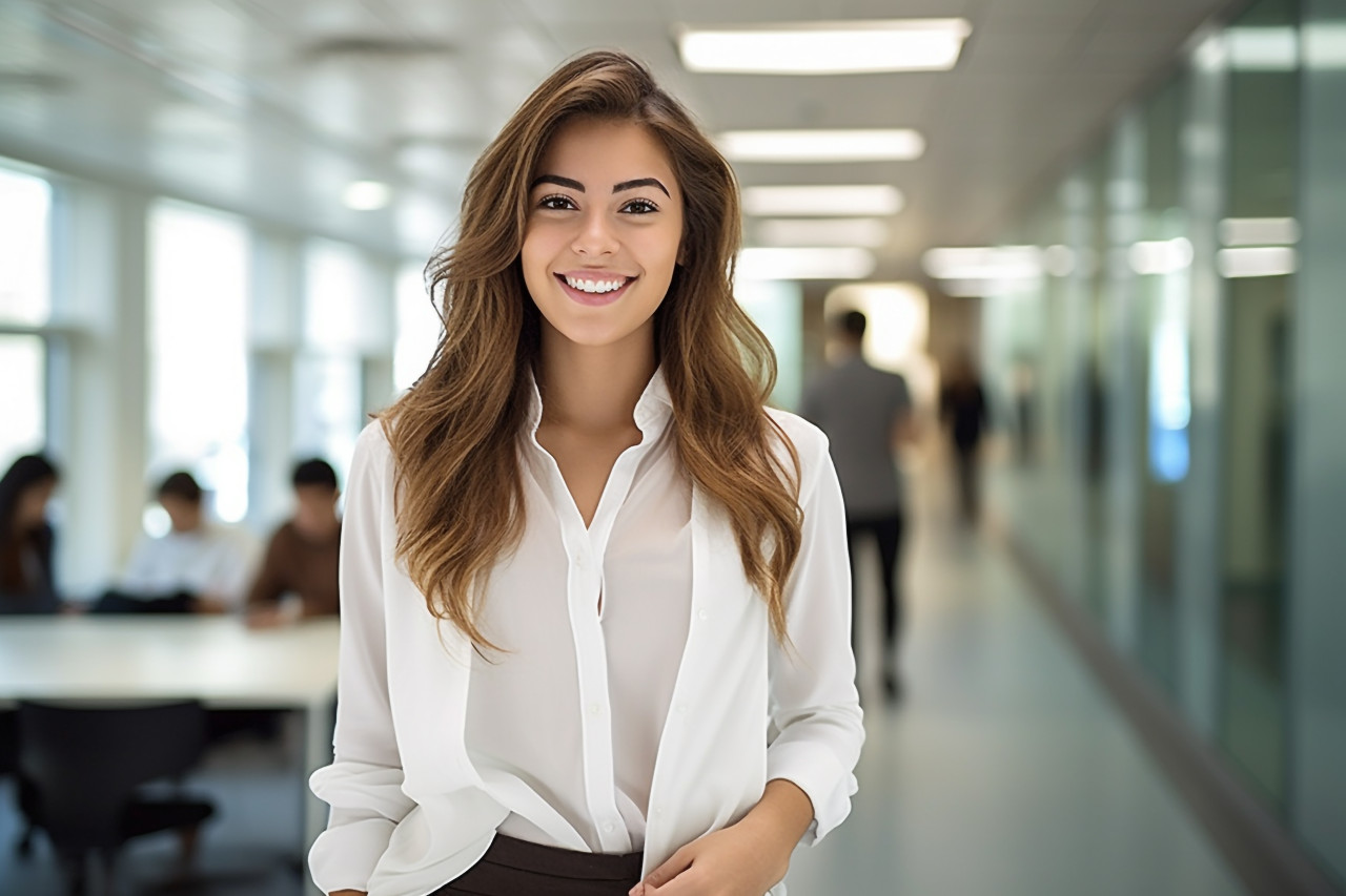 Female college student working on a blurred background