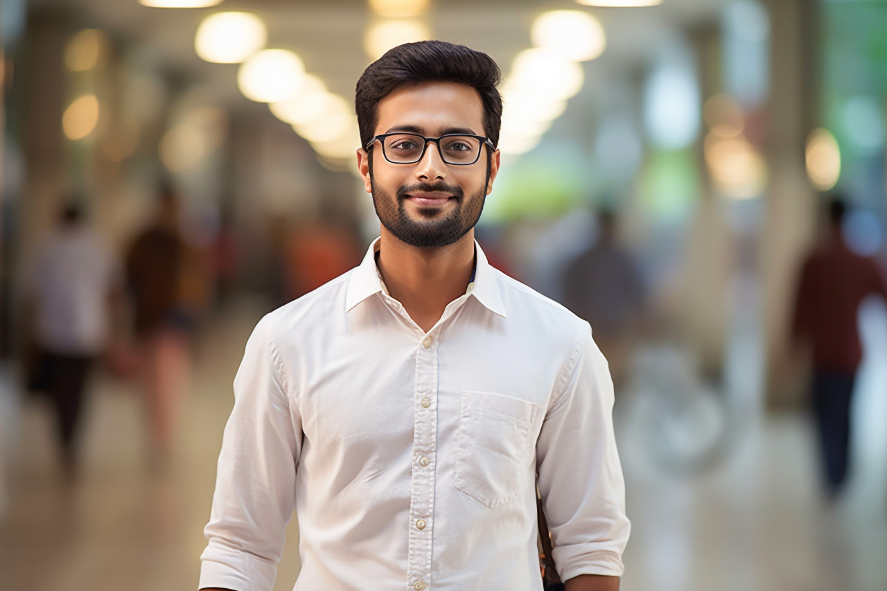 Indian male international student working blurred background