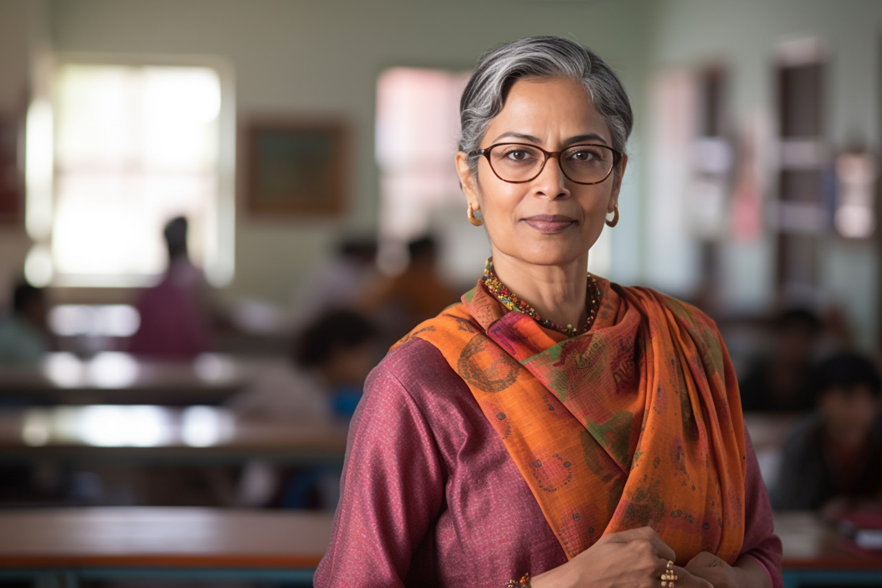 Confident indian woman professor working on blurred background