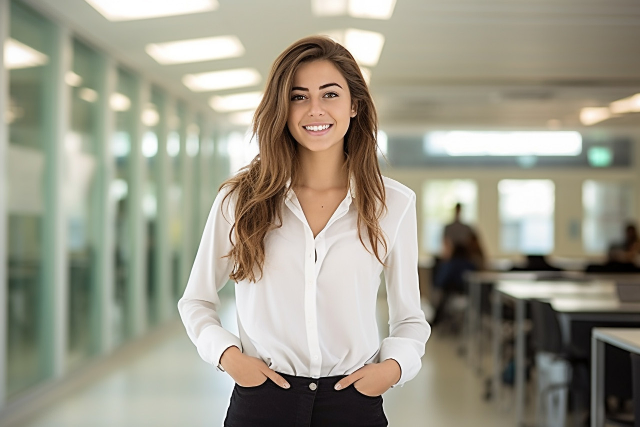 Female college student working on a blurred background