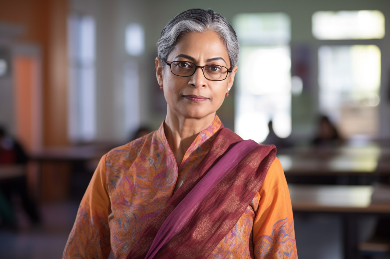 Confident indian woman professor working on blurred background