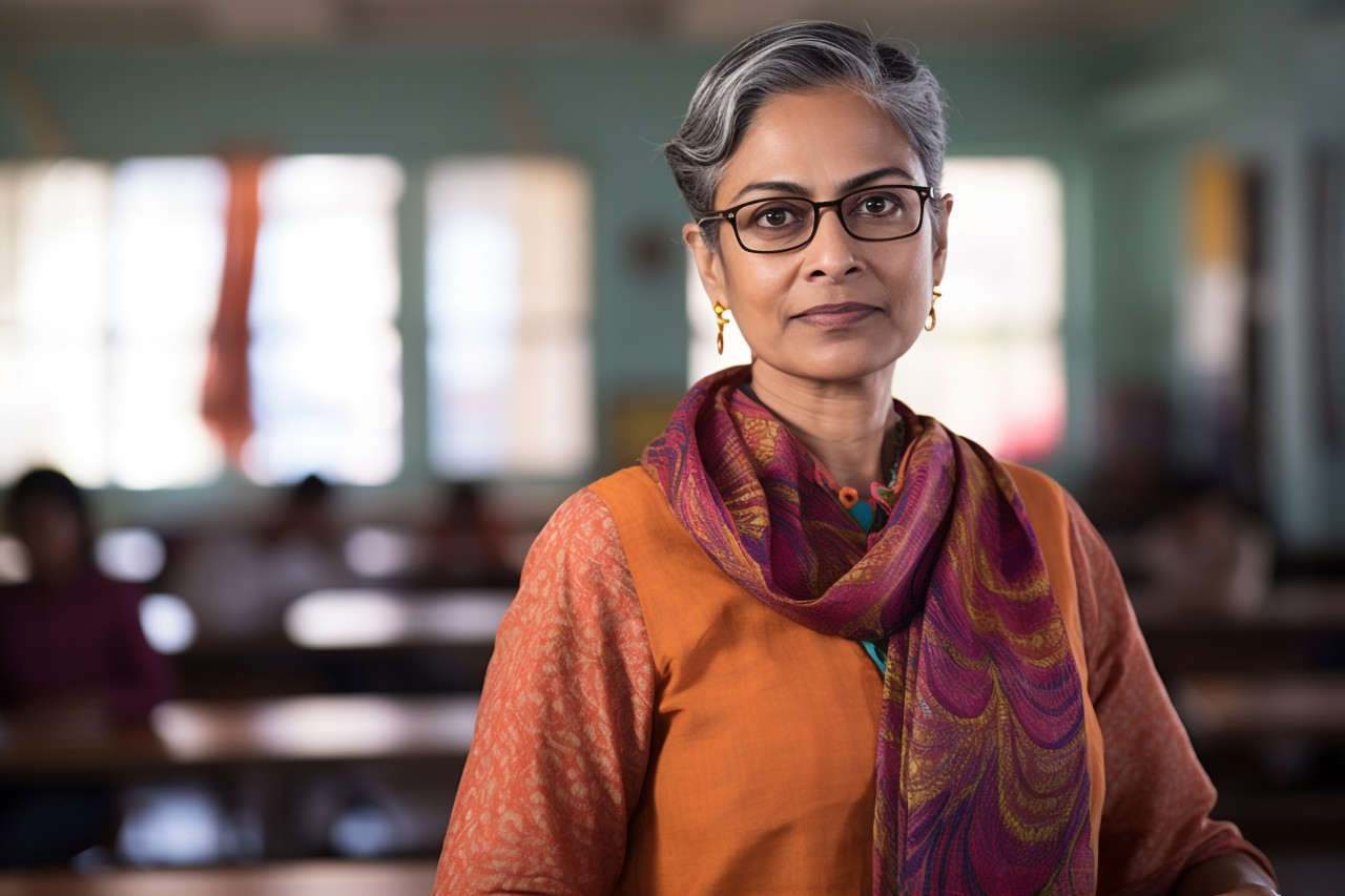 Confident indian woman professor working on blurred background