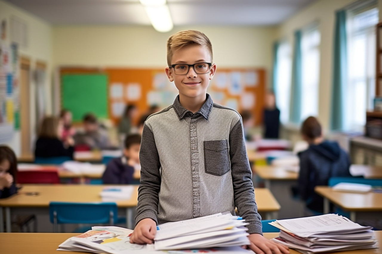 Confident elementary school boy working on blurred background