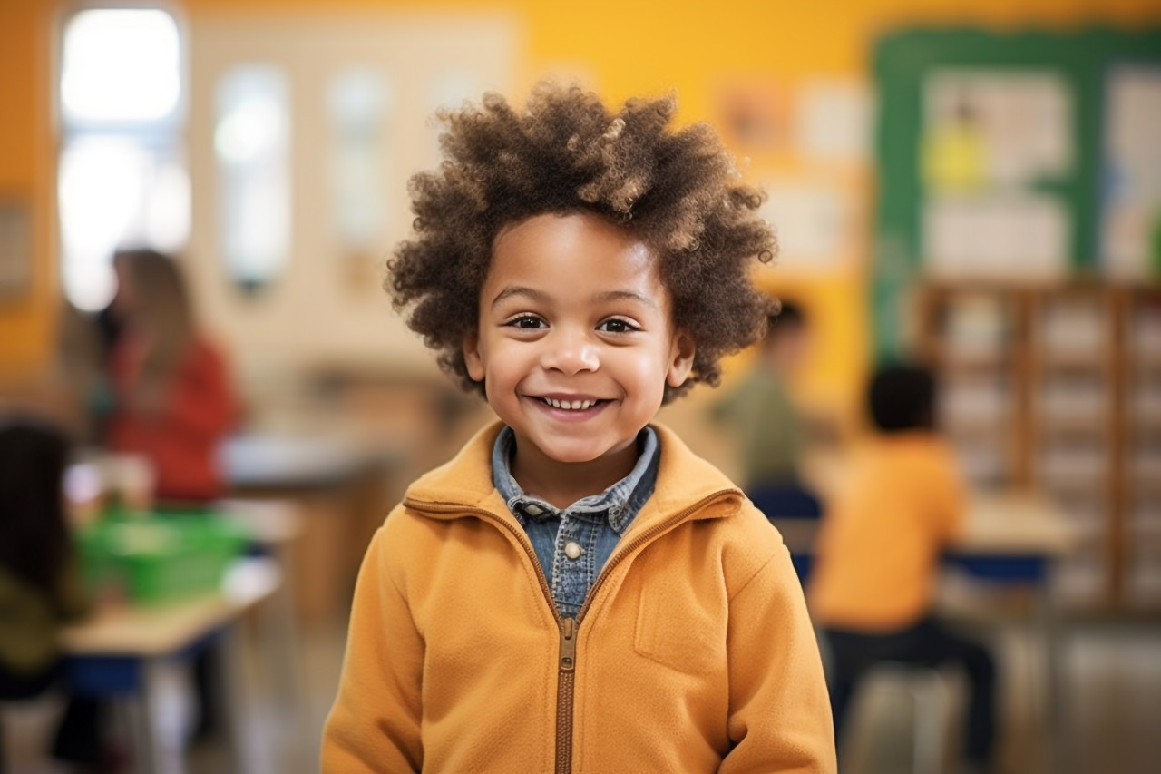 Preschool boy working confidently on blur background