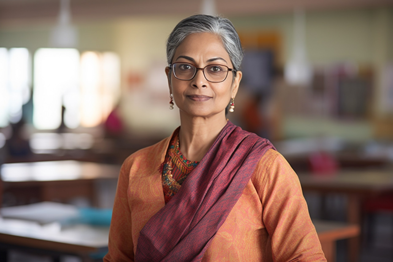 Confident indian woman professor working on blurred background