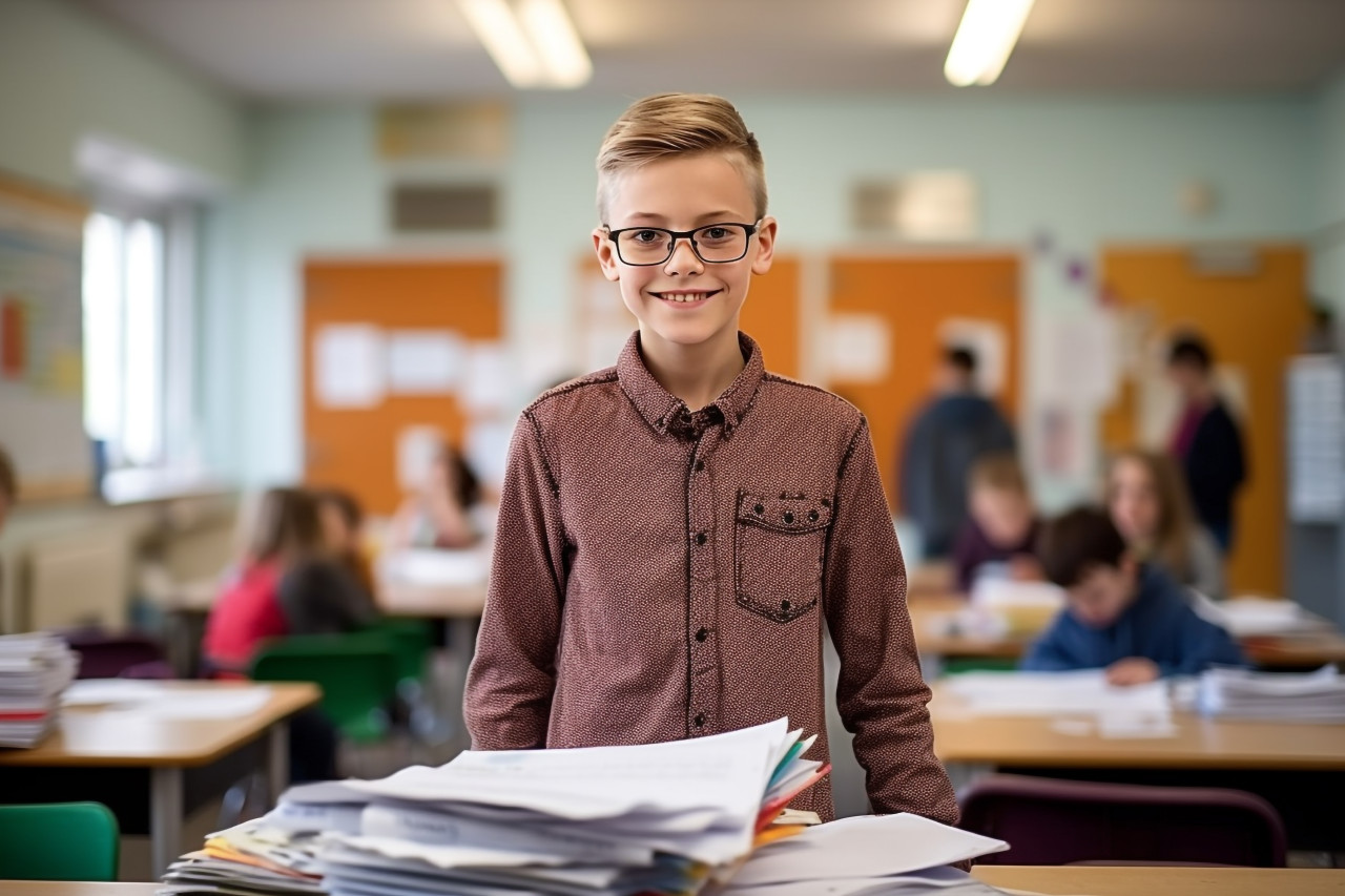 Confident elementary school boy working on blurred background