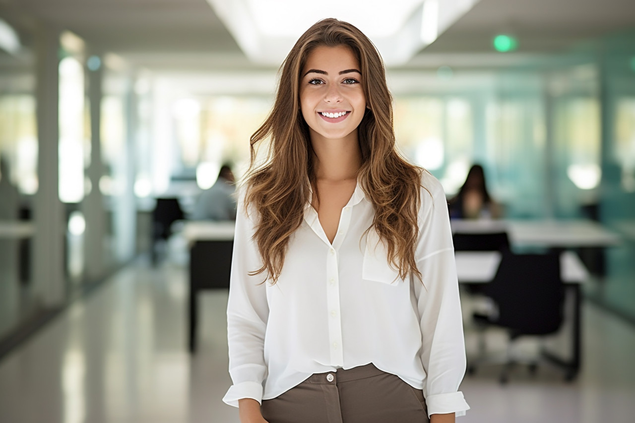 Female college student working on a blurred background