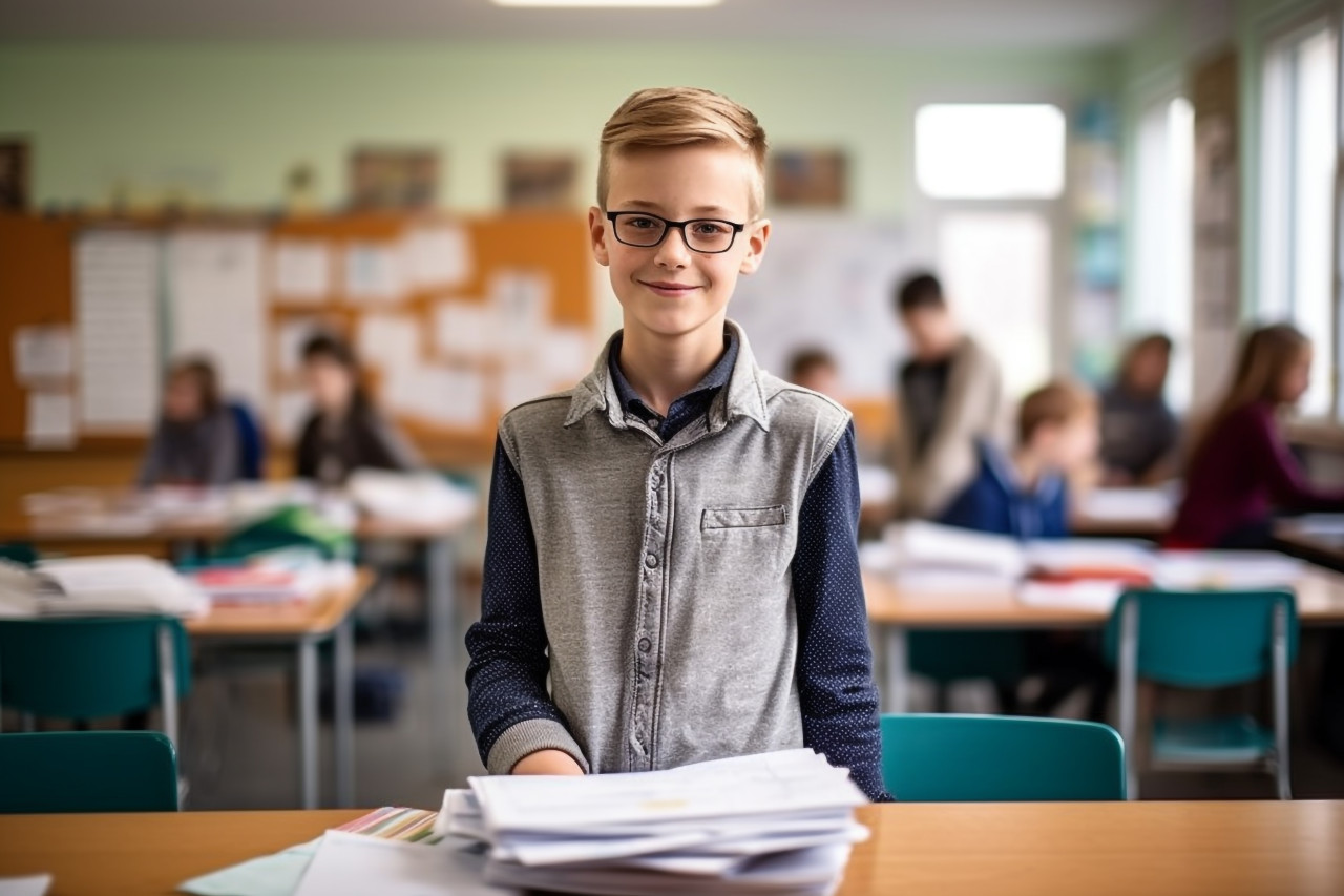 Confident elementary school boy working on blurred background