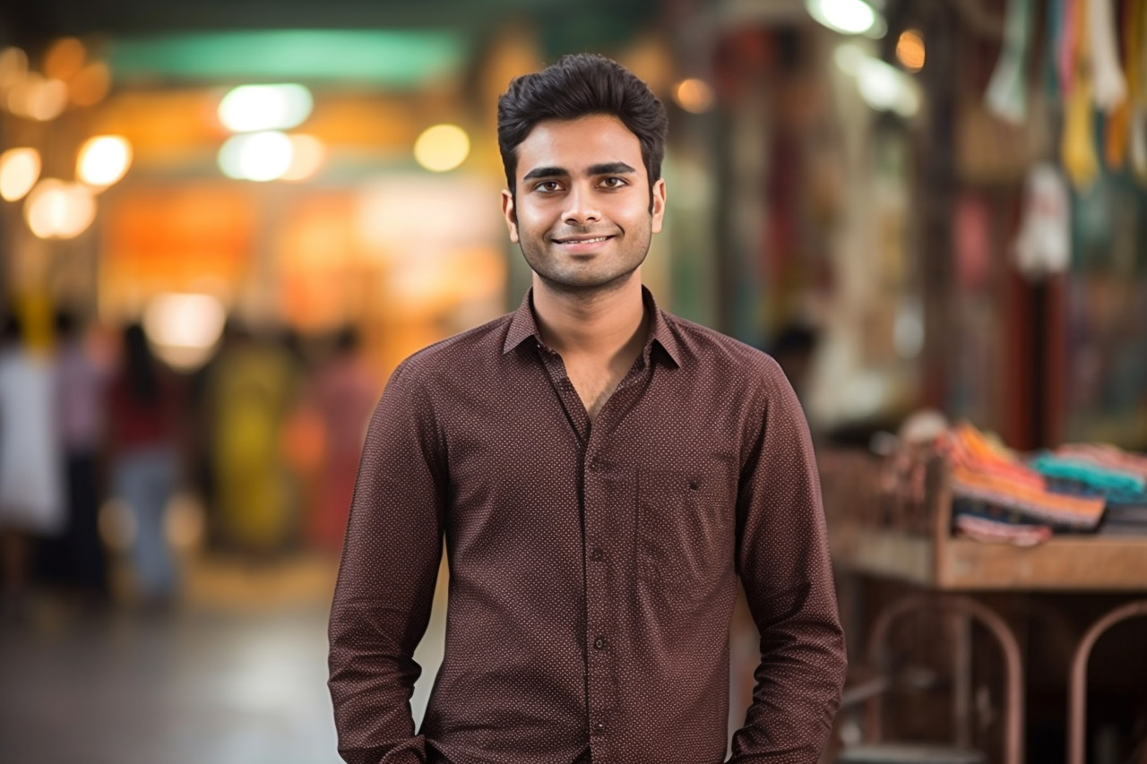 Indian male international student working blurred background