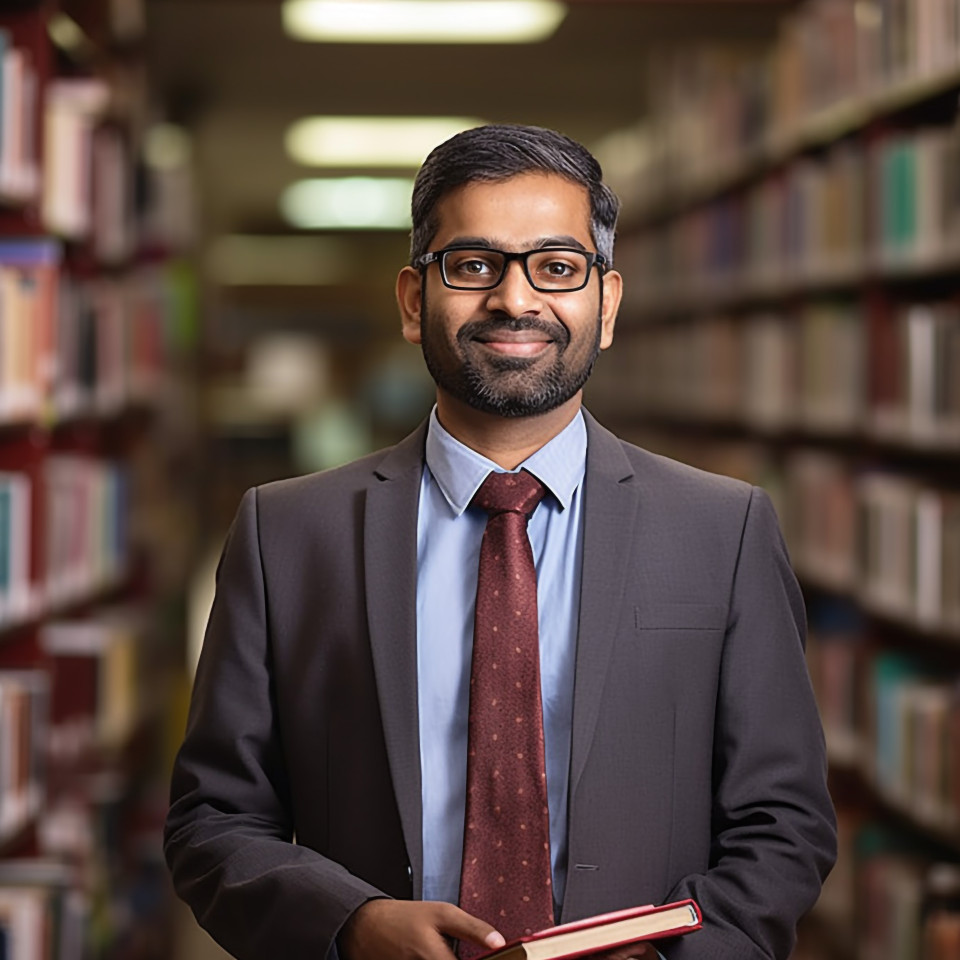 Confident indian male librarian working in a blurred background