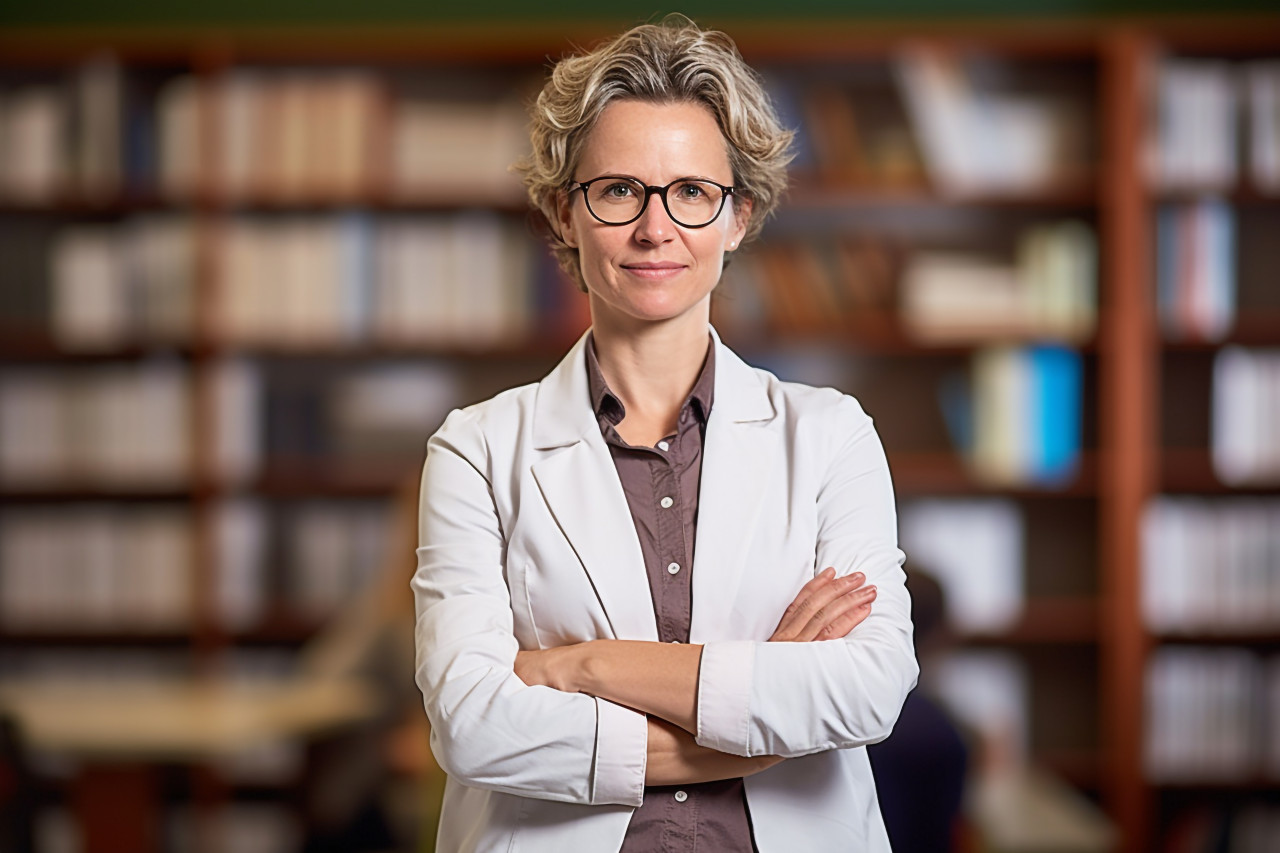 Confident female professor working on blurred background