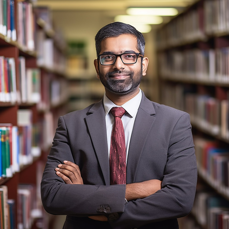 Confident indian male librarian working in a blurred background