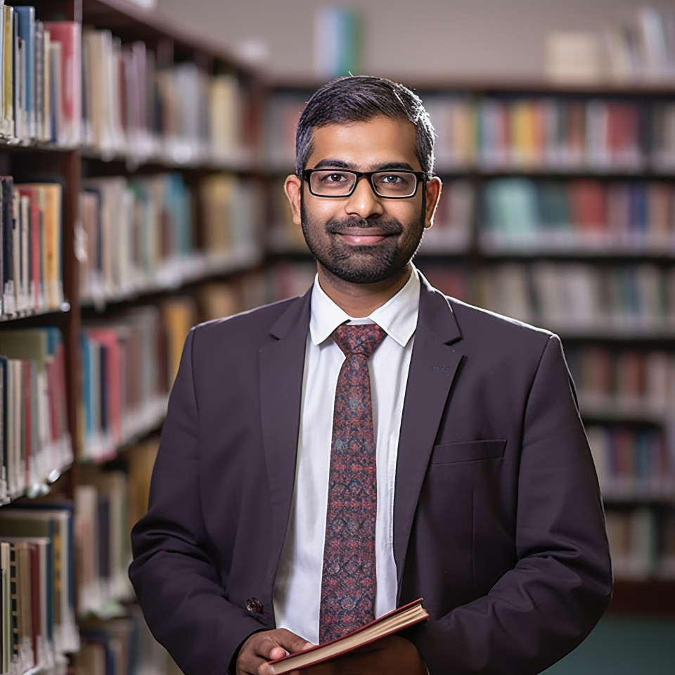 Confident indian male librarian working in a blurred background