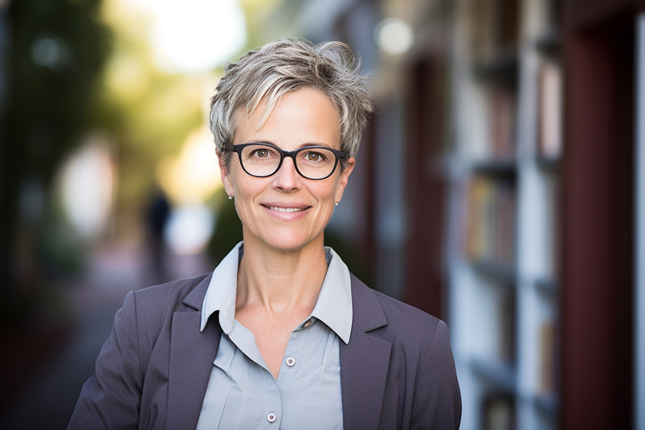 Confident female professor working on blurred background
