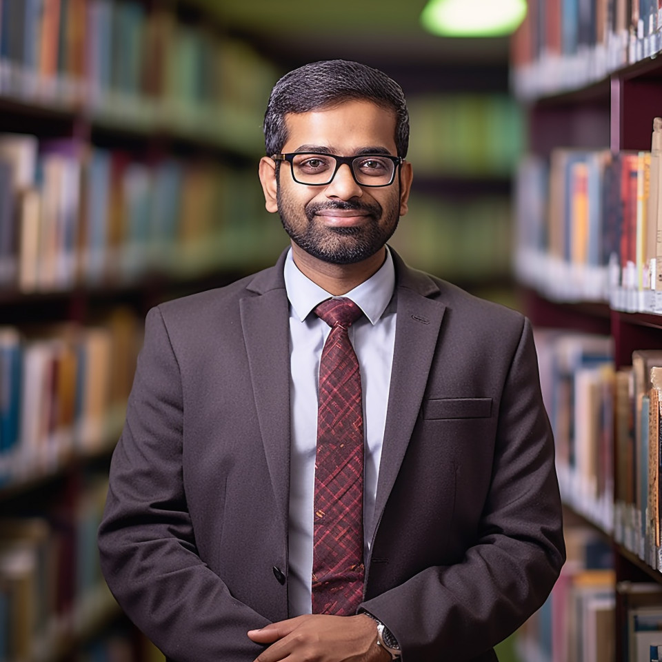 Confident indian male librarian working in a blurred background