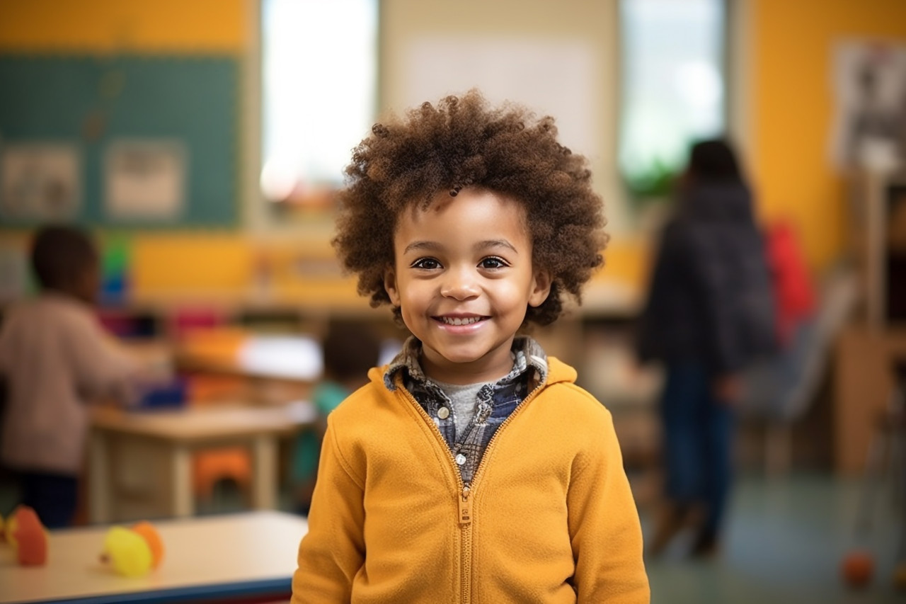 Preschool boy working confidently on blur background