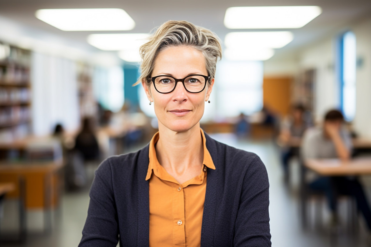 Confident female professor working on blurred background