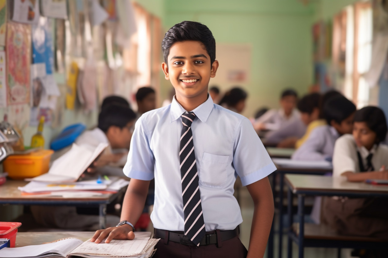 Confident indian male student working on blurred background