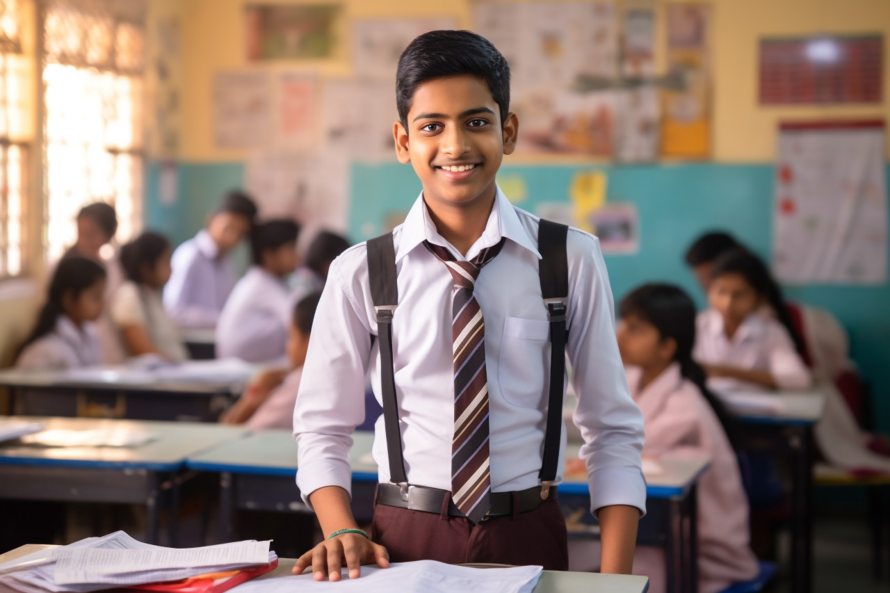 Confident indian male student working on blurred background