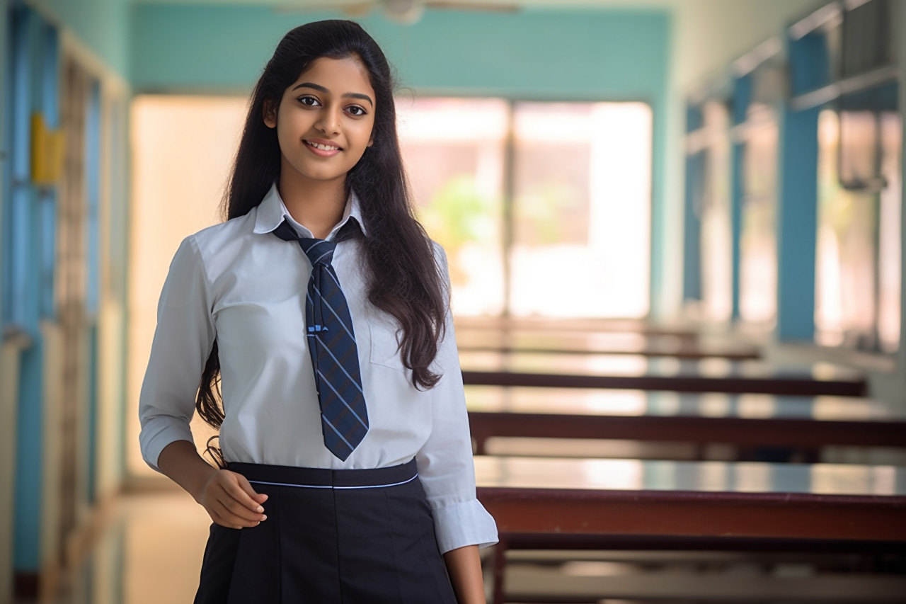 Confident indian high school girl studying on blurred background