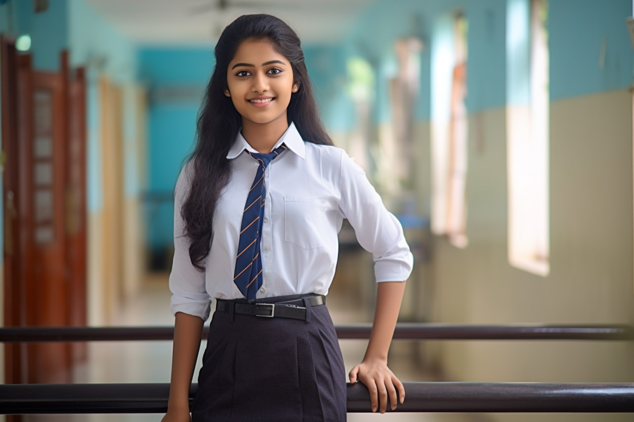 Confident indian high school girl studying on blurred background
