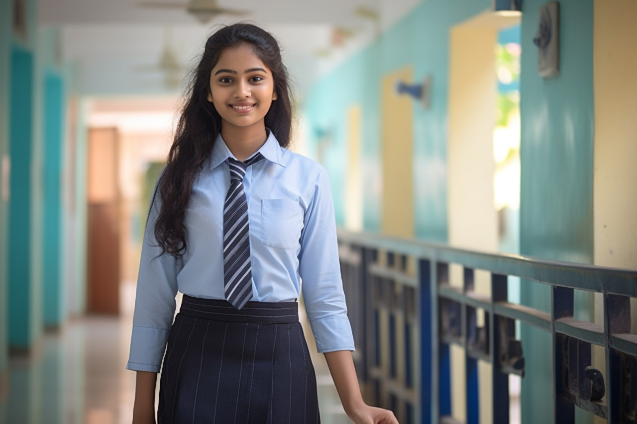 Confident indian high school girl studying on blurred background