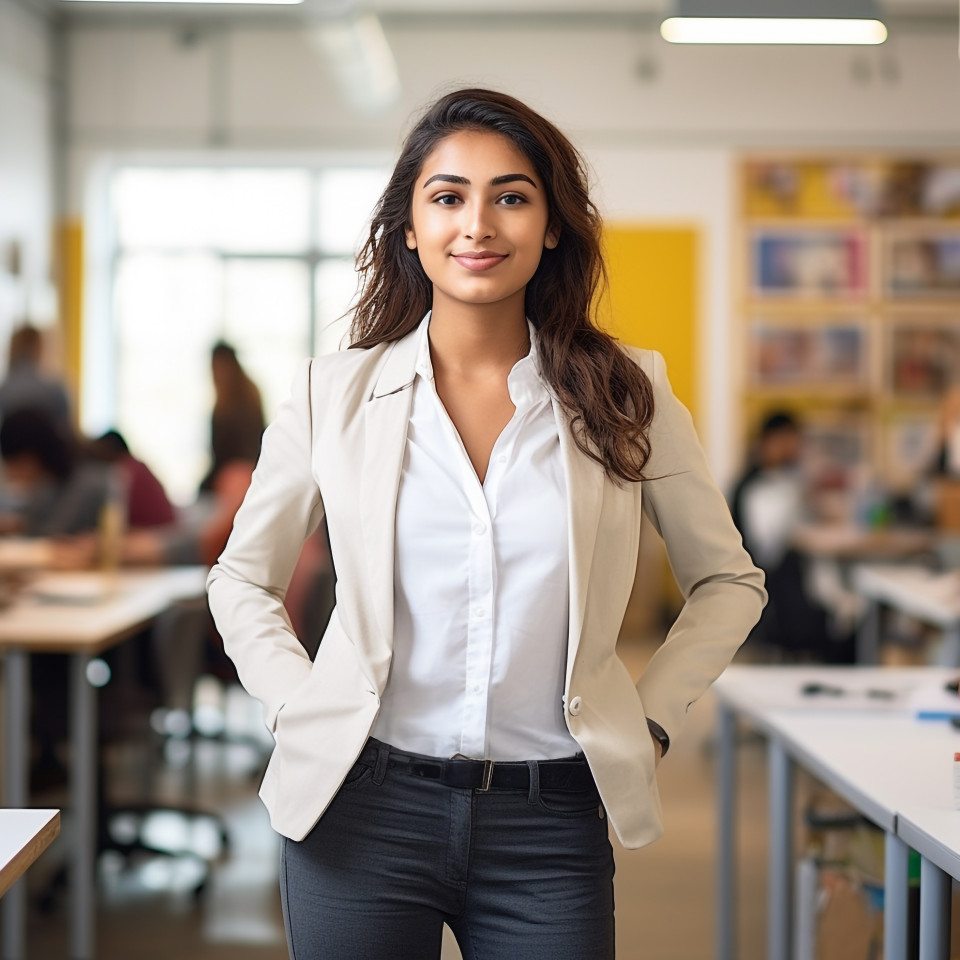 International student working confidently blurred background