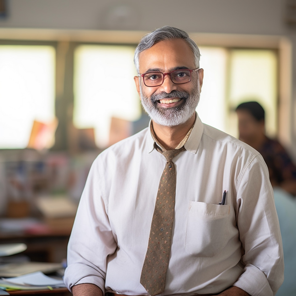 Smiling indian professor working on blurred background