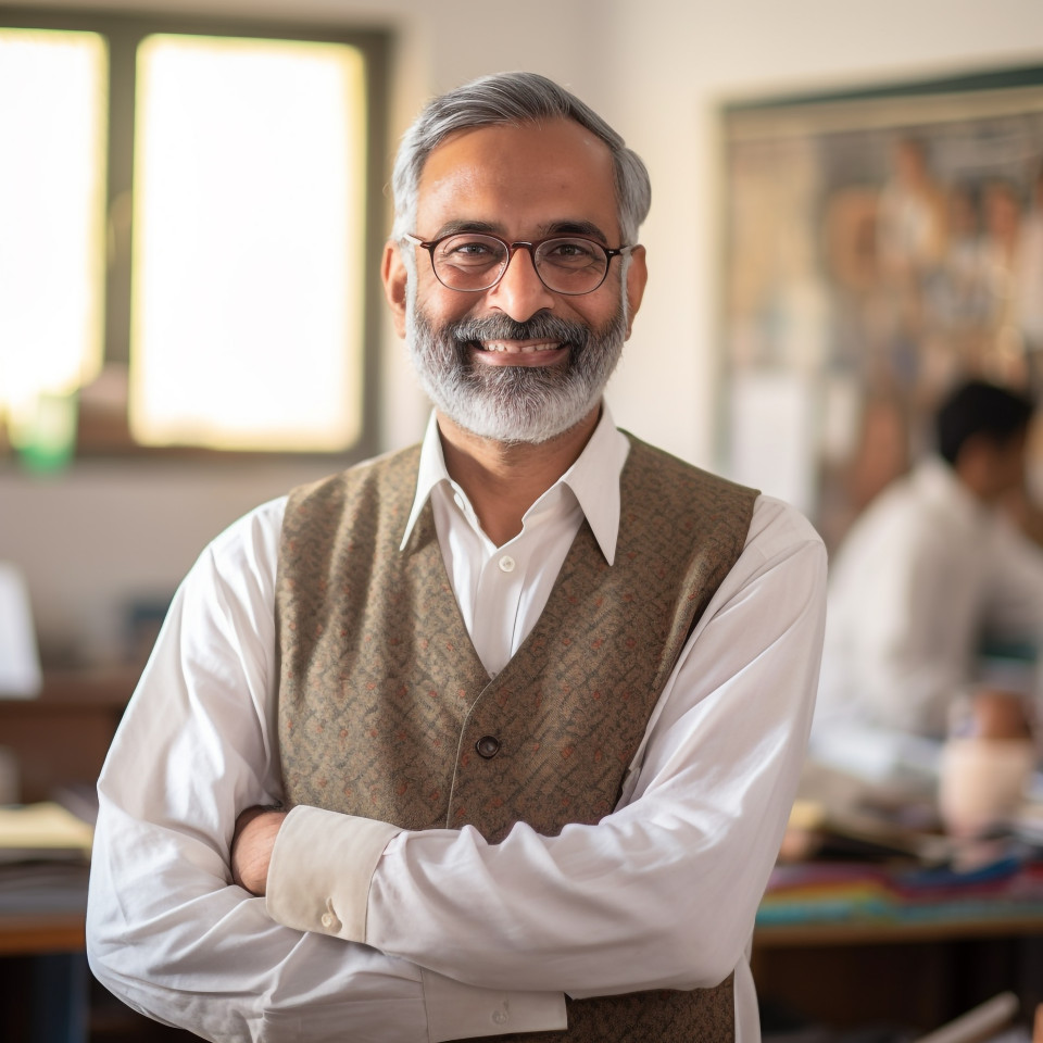 Smiling indian professor working on blurred background