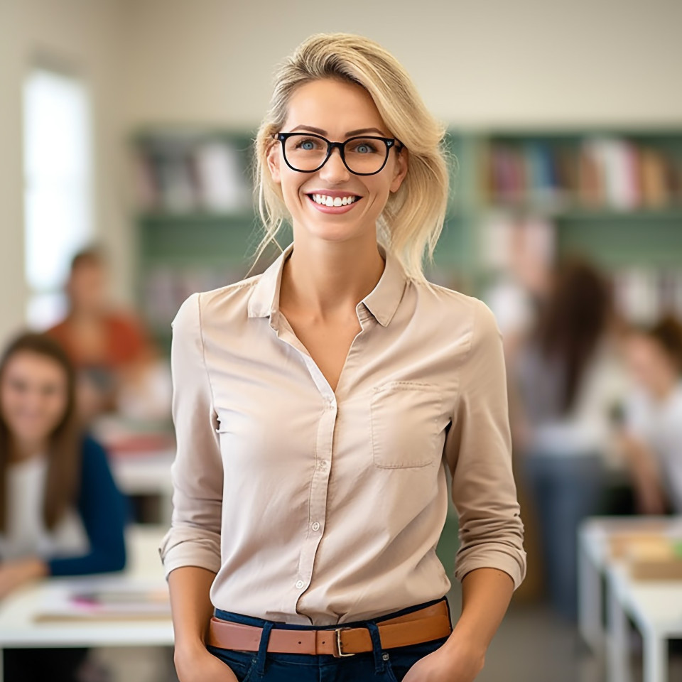 Smiling teacher at work in classroom