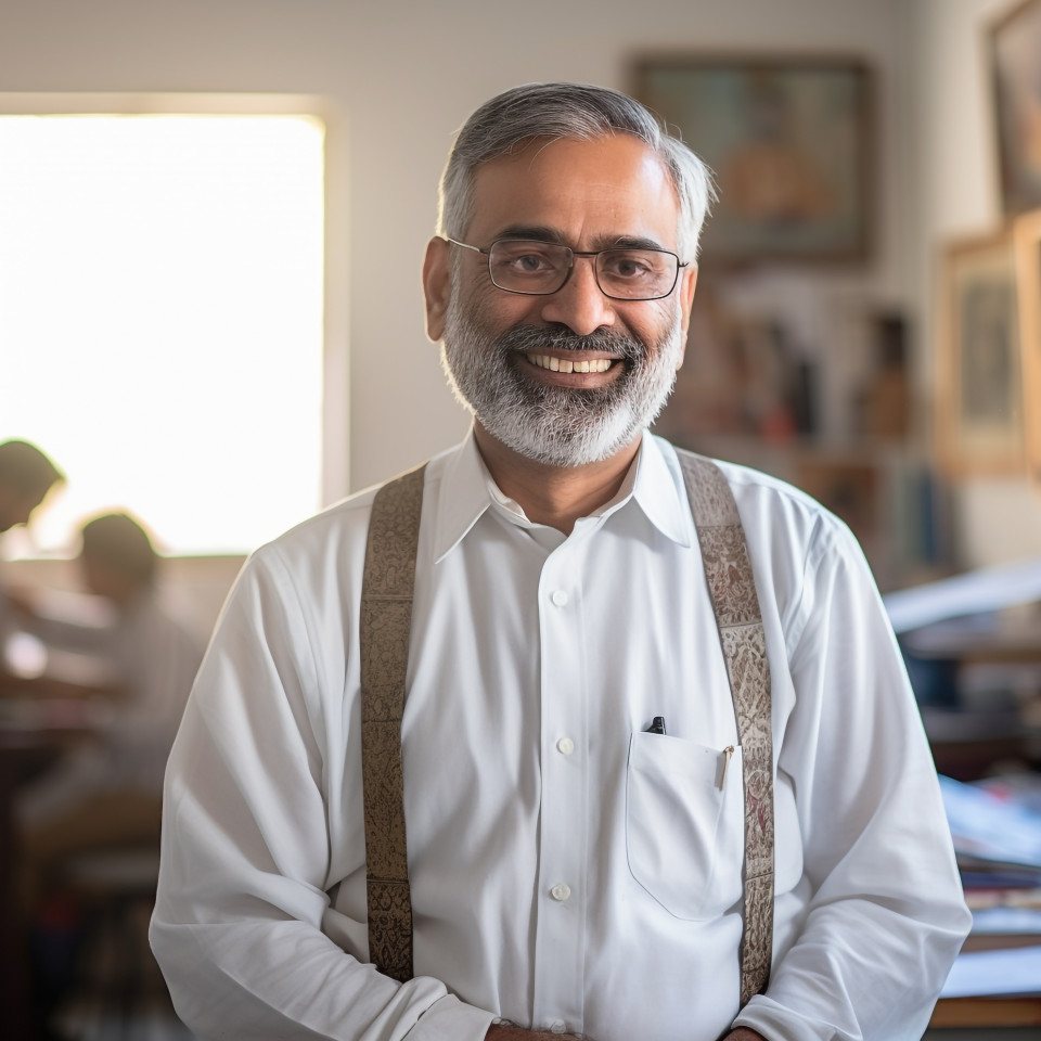 Smiling indian professor working on blurred background