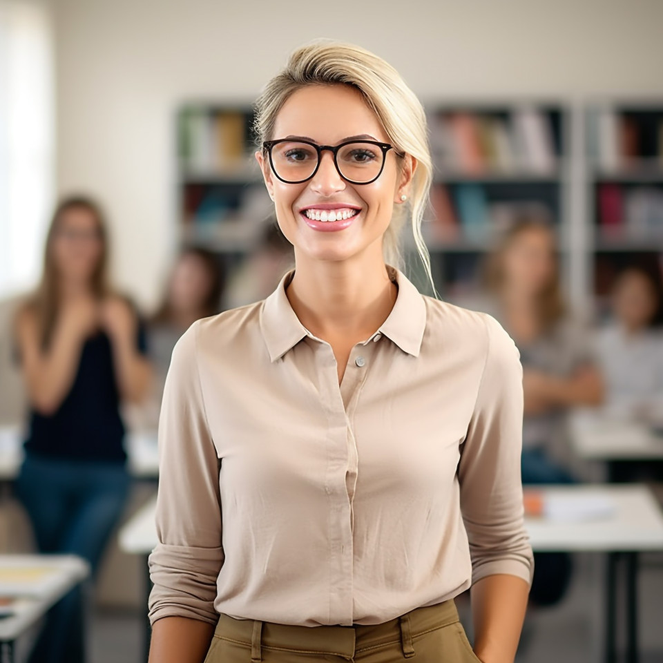 Smiling teacher at work in classroom