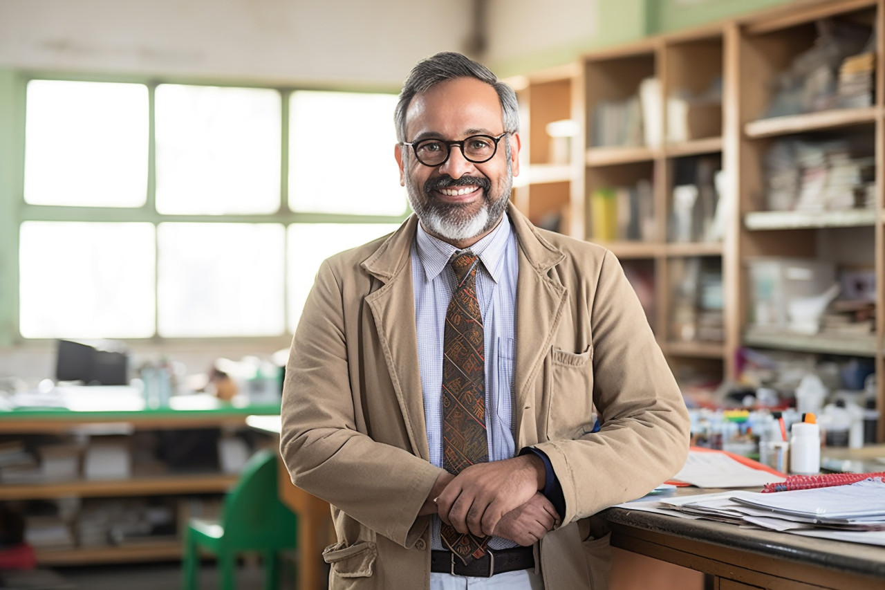 Indian professor working on blurred background