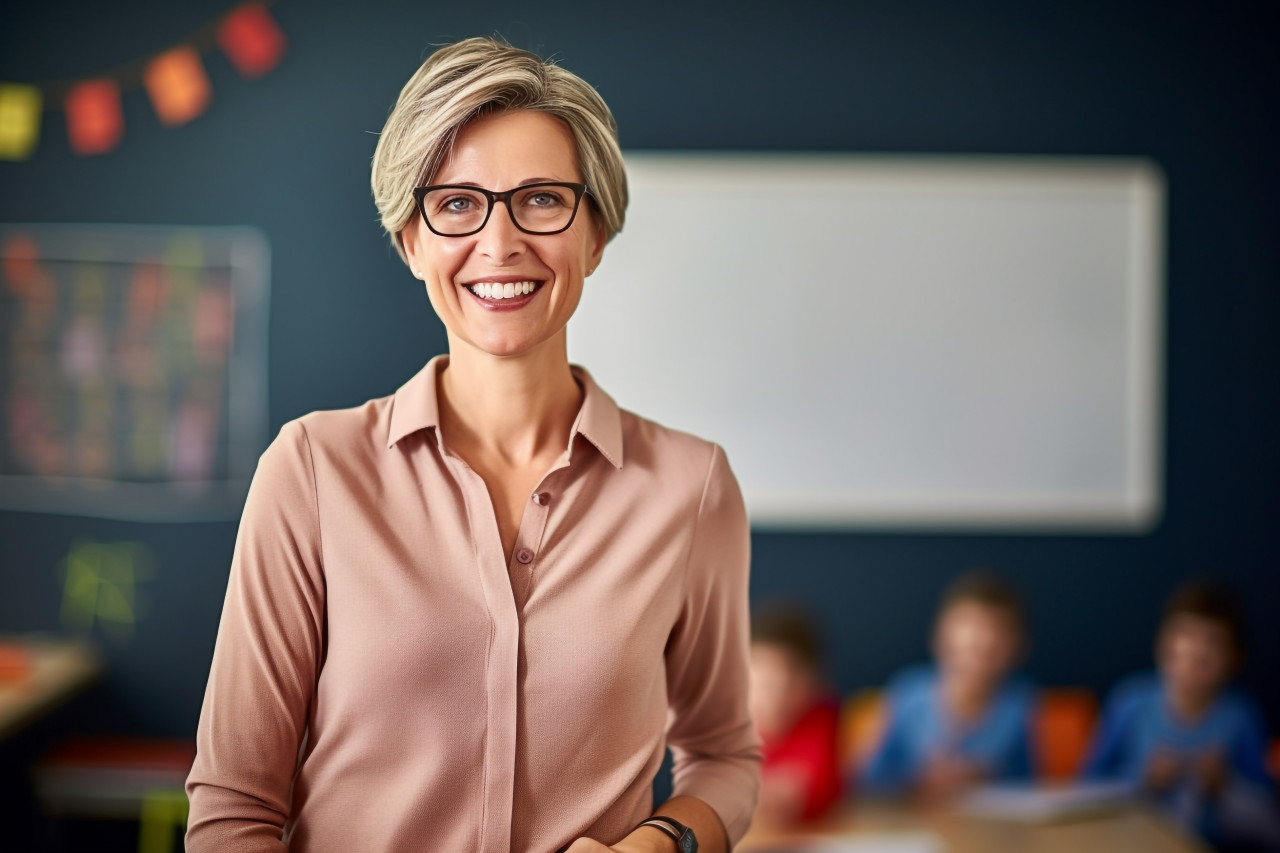 Smiling female teacher teaching on blurred background