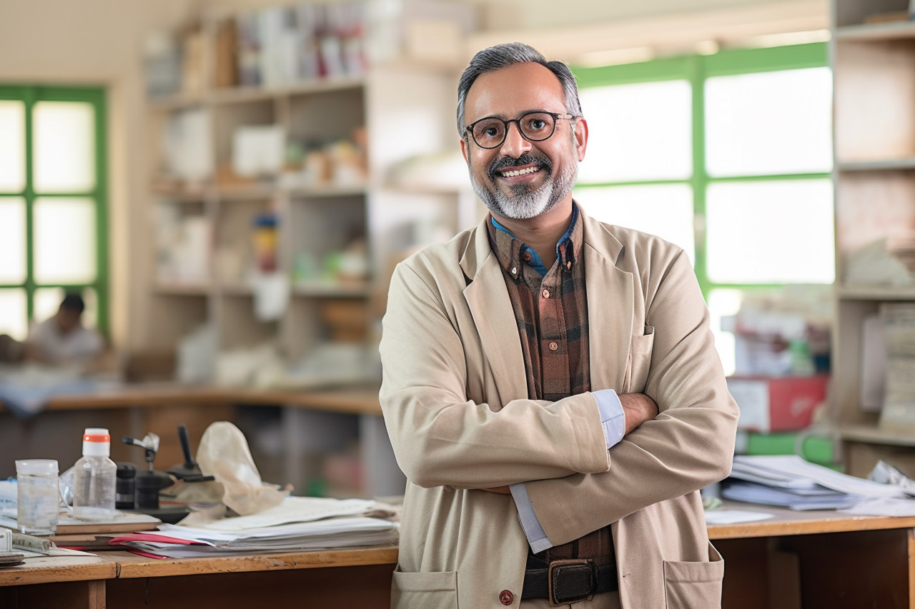 Indian professor working on blurred background