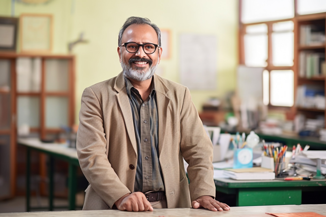 Indian professor working on blurred background