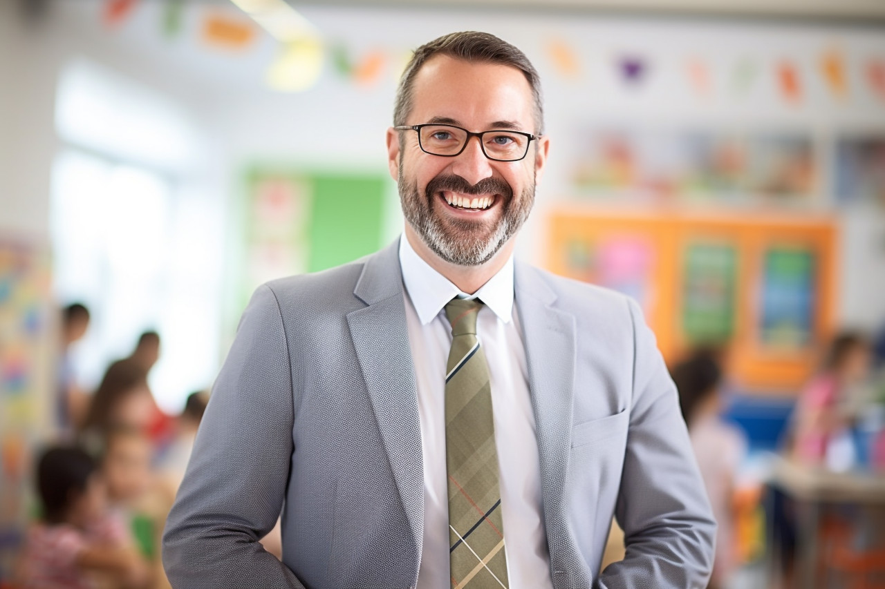 Happy male kindergarten teacher working with blurred background