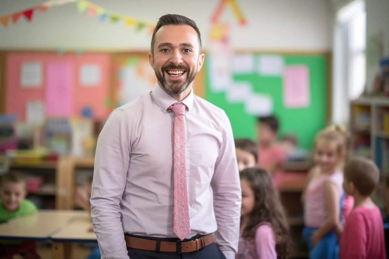 Happy male kindergarten teacher working with blurred background