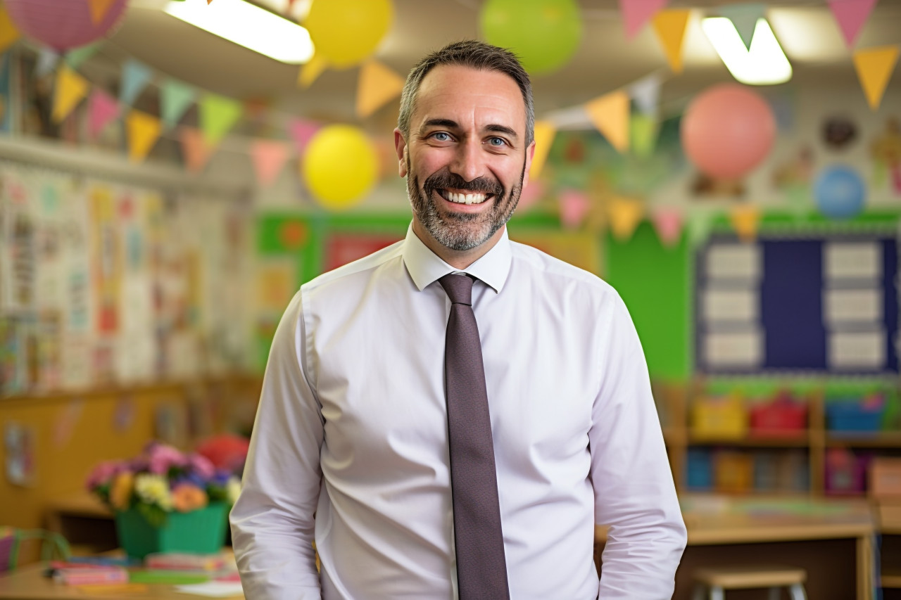 Happy male kindergarten teacher working with blurred background