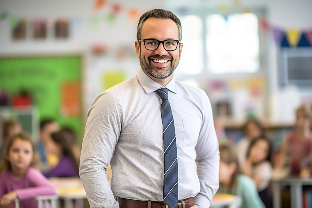 Happy male kindergarten teacher working with blurred background