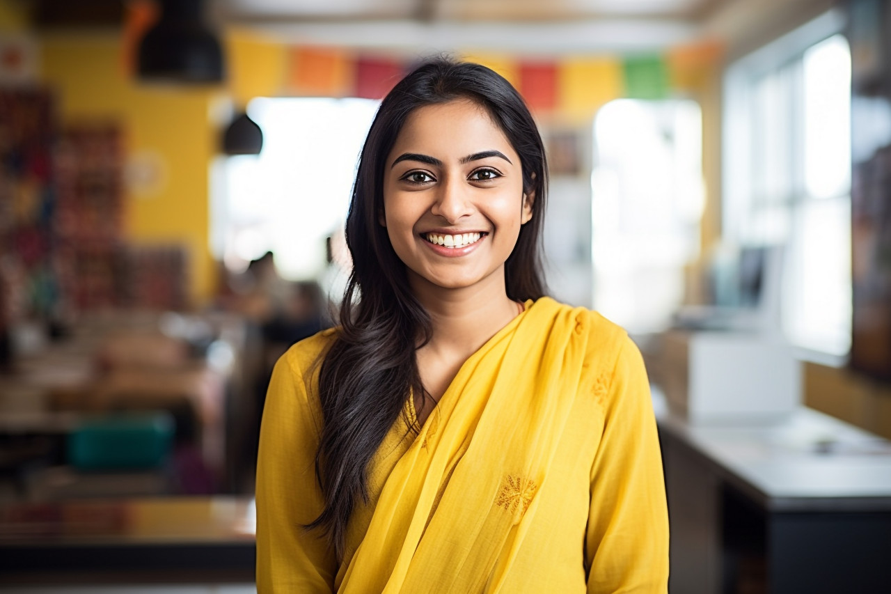 Smiling indian international student works in blurred background