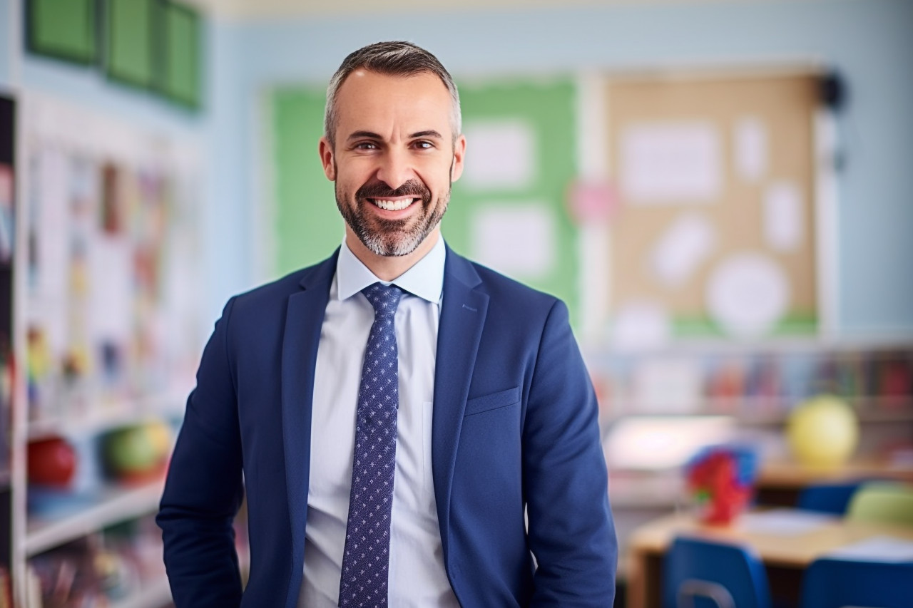 Elementary school teacher smiling at work