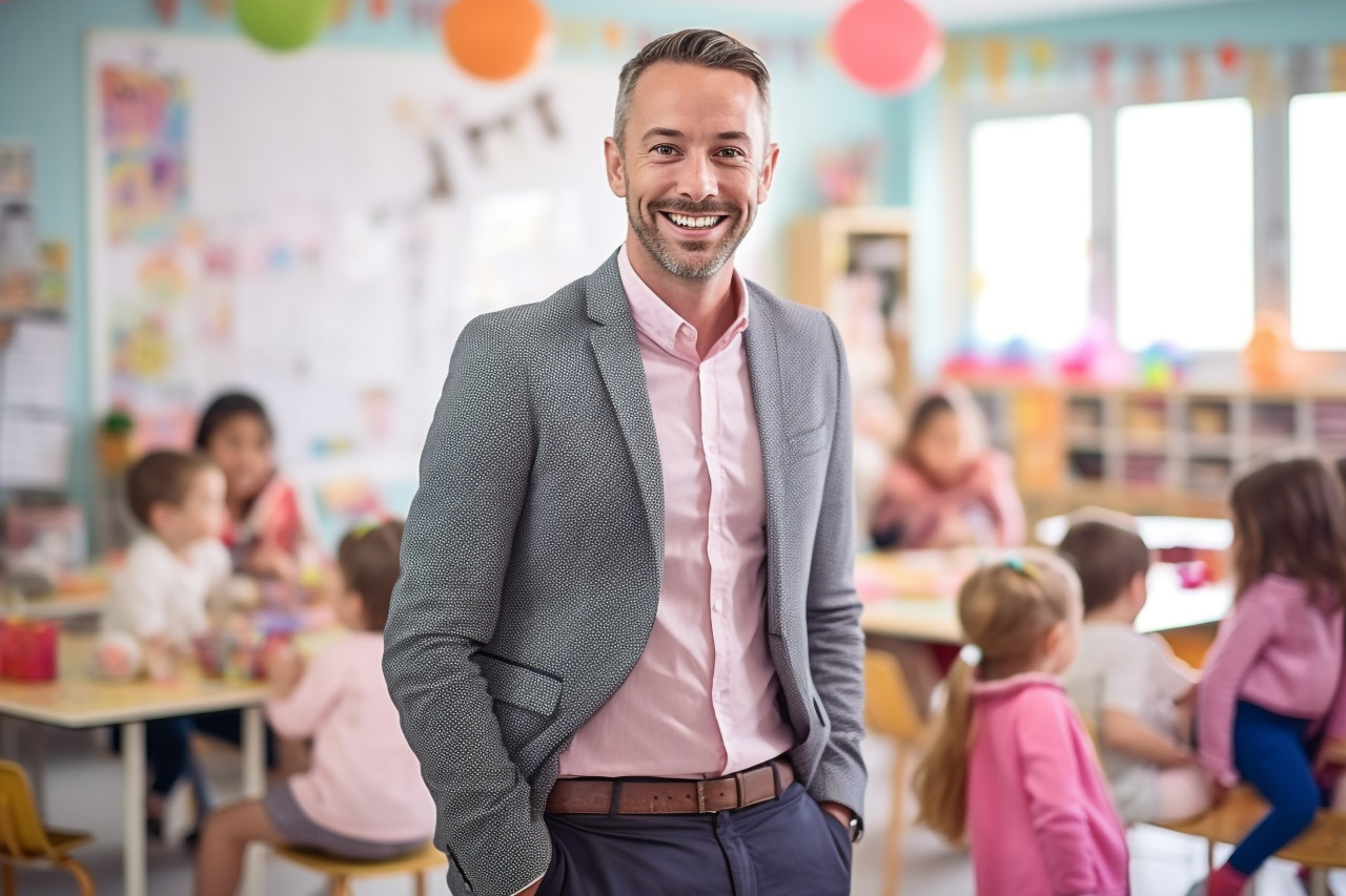 Male kindergarten teacher smiles at work blurred background