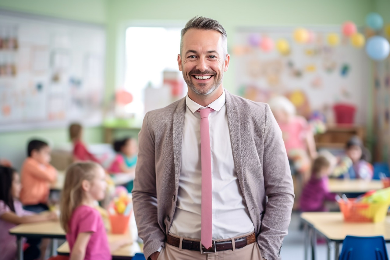 Male kindergarten teacher smiles at work blurred background